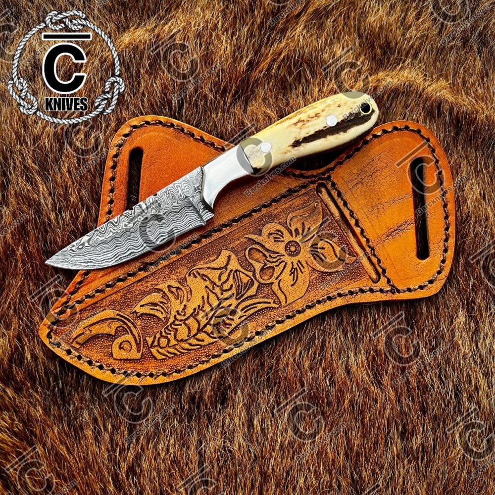 Handmade skinner knife with leather sheath by Bar C Knives